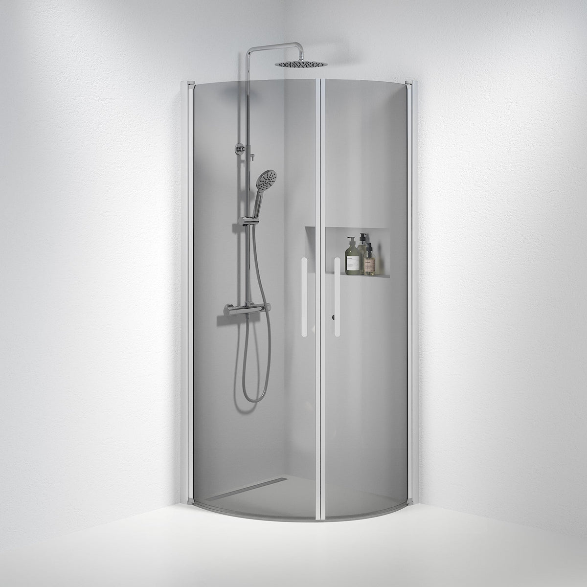 Vänern Shower Enclosure, Round, Brushed Aluminium Profile, Dark Tinted Glass