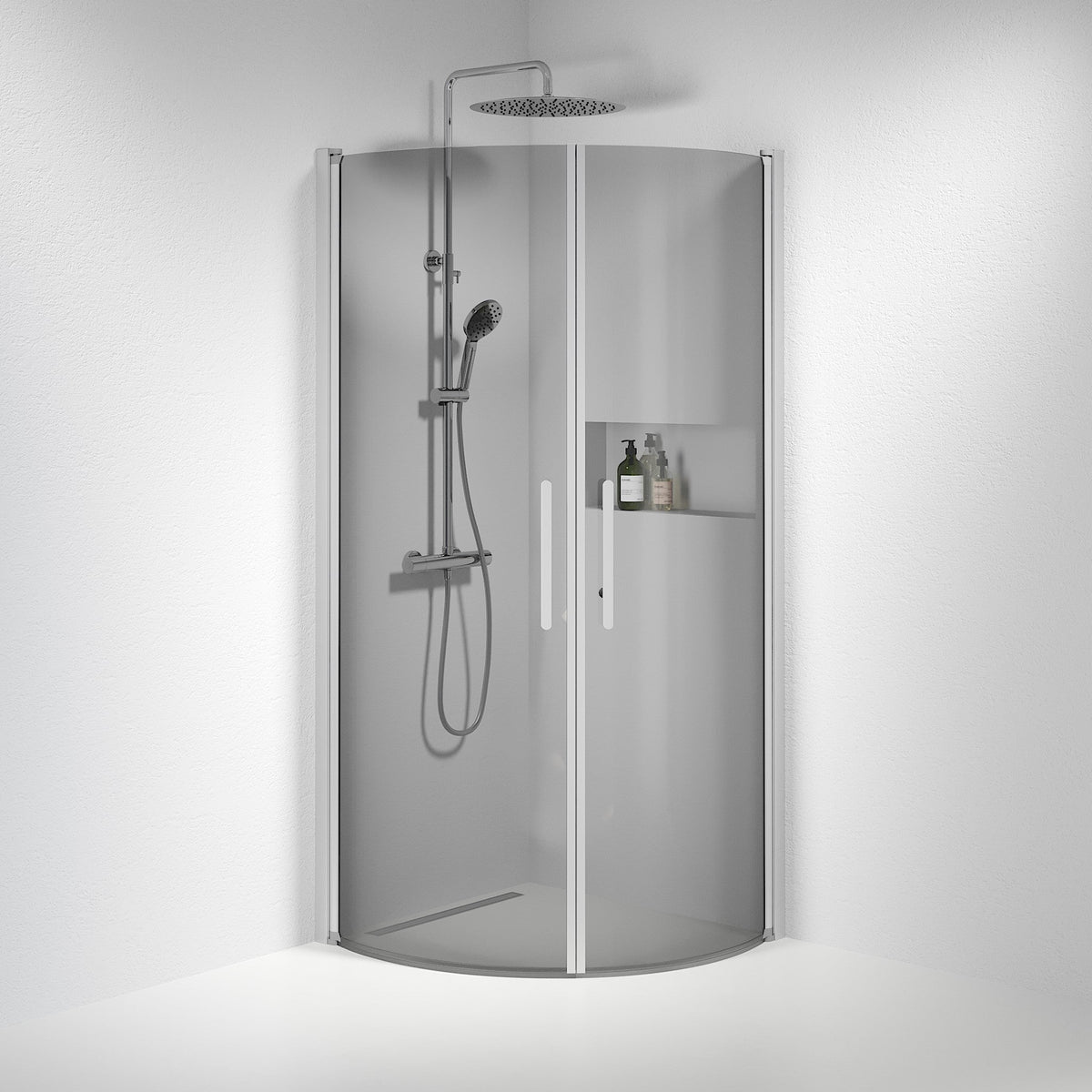 Vänern Shower Enclosure, Round, Brushed Aluminium Profile, Dark Tinted Glass