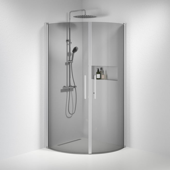 Vänern Shower Enclosure, Round, Brushed Aluminium Profile, Dark Tinted Glass