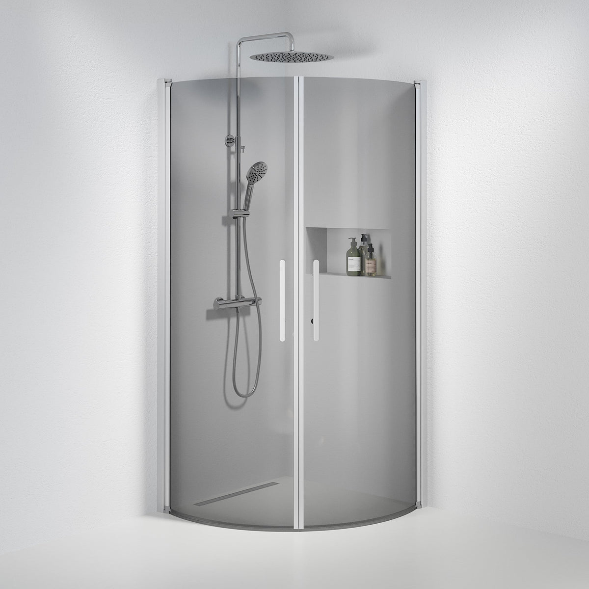 Vänern Shower Enclosure, Round, Brushed Aluminium Profile, Dark Tinted Glass