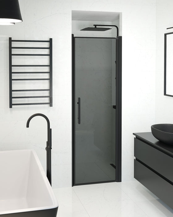 Vänern Niche Shower Door, black Profile, Dark Tinted Glass