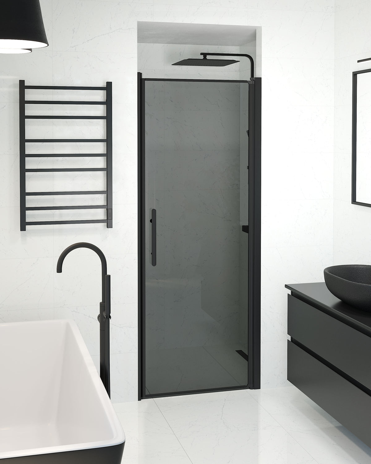 Vänern Niche Shower Door, black Profile, Dark Tinted Glass