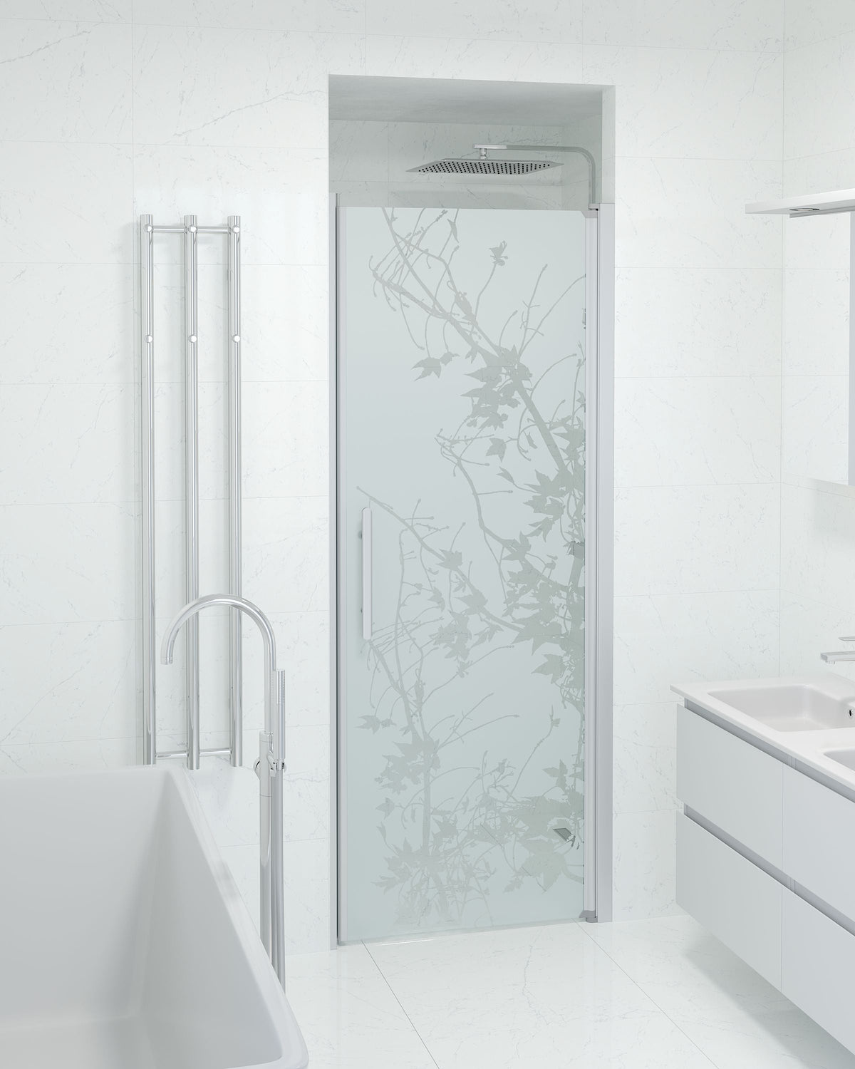 Vänern Niche Shower Door, Brushed Aluminium Profile, Decor Glass