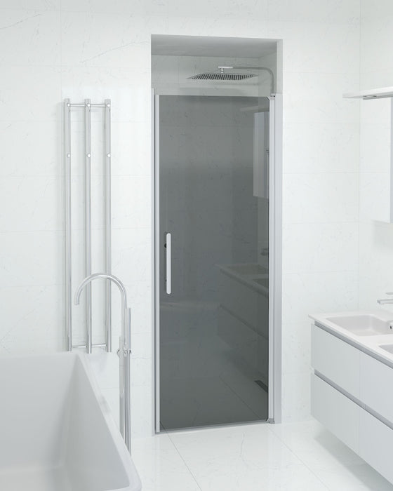 Vänern Niche Shower Door, Brushed Aluminium Profile, Dark Tinted Glass