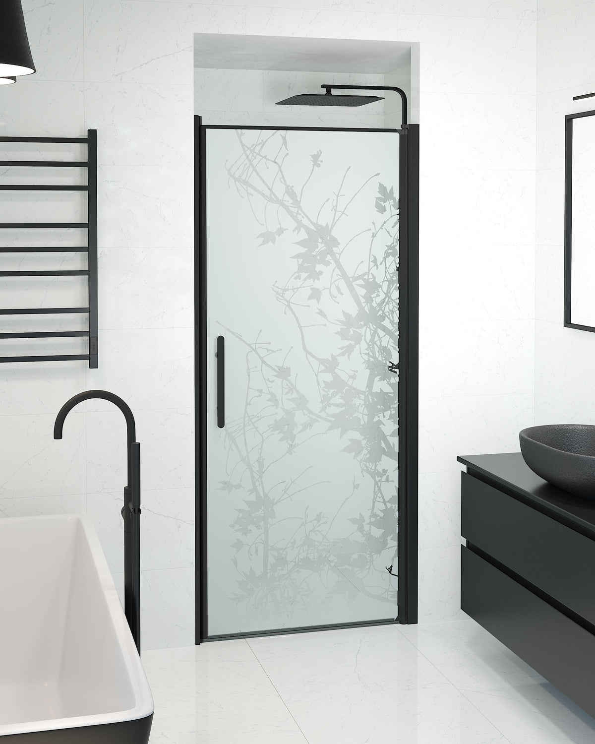 Vänern Niche Shower Door, black Profile, Decor Glass