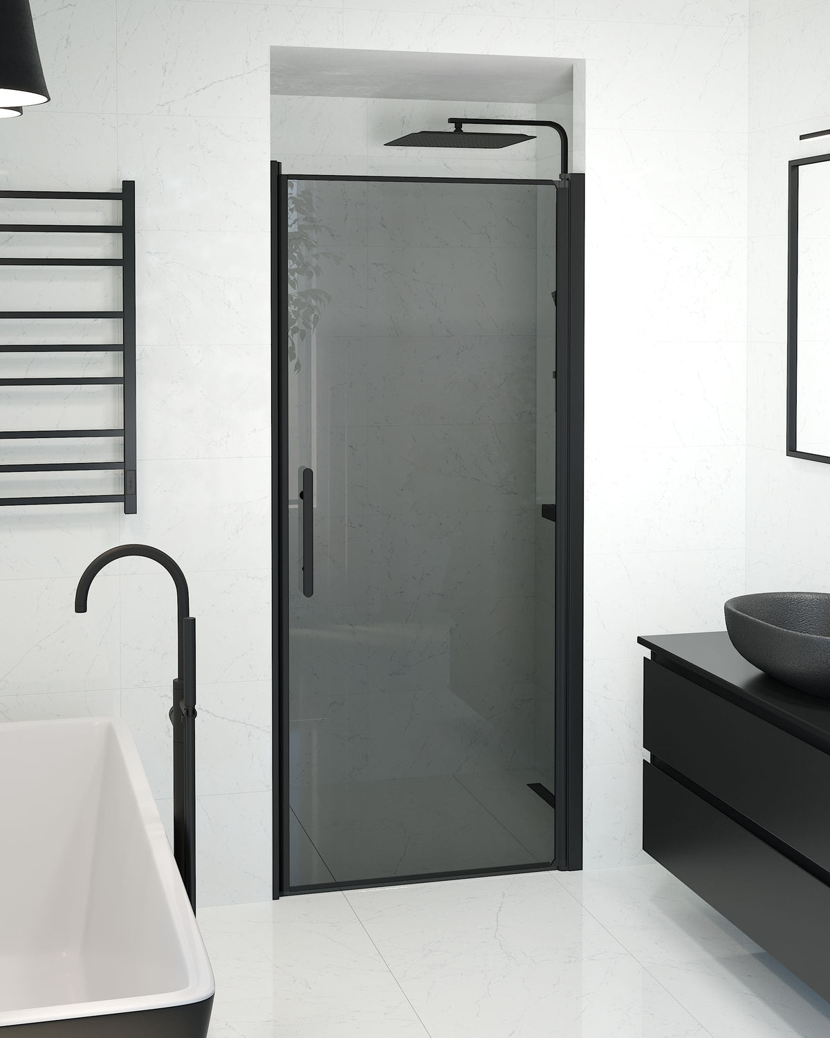 Vänern Niche Shower Door, black Profile, Dark Tinted Glass