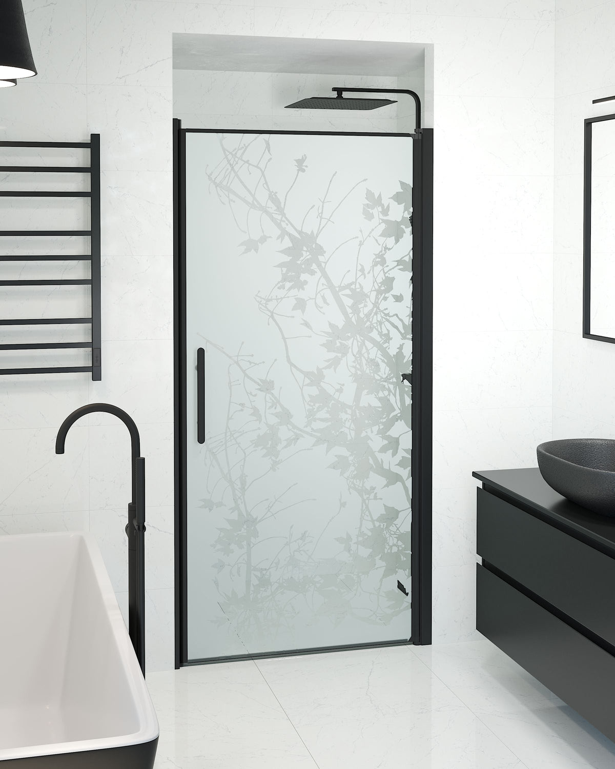 Vänern Niche Shower Door, black Profile, Decor Glass