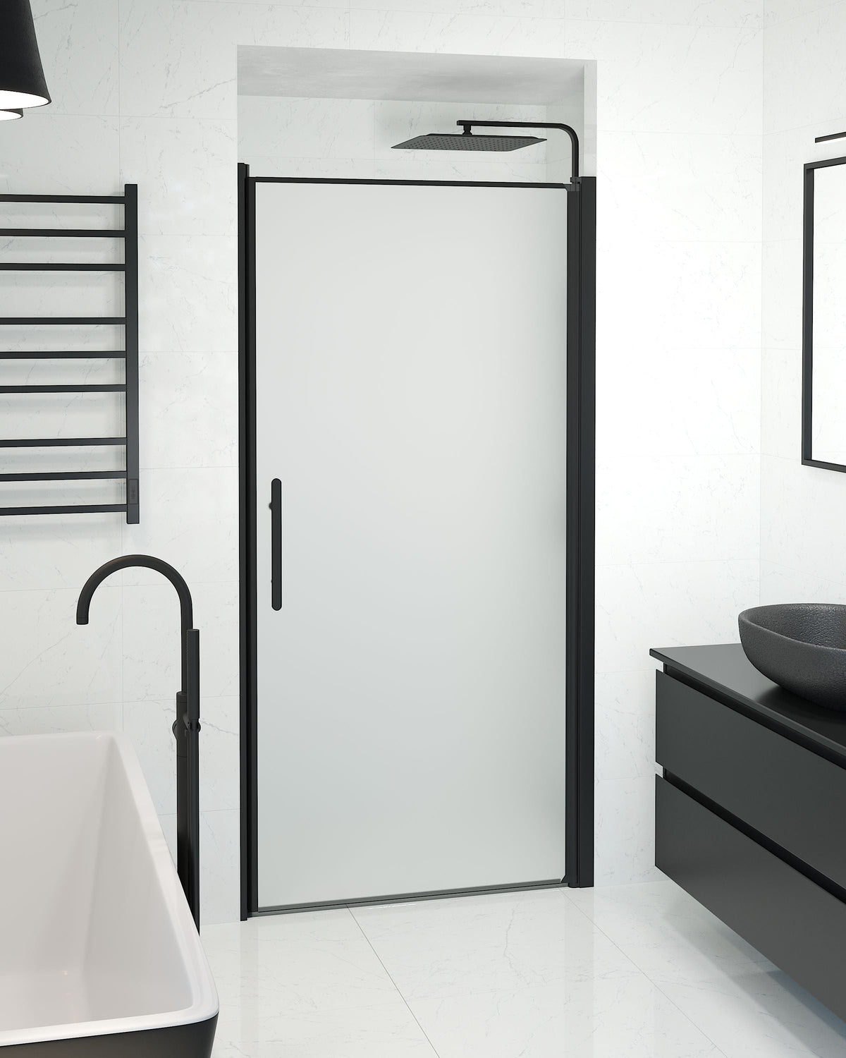 Vänern Niche Shower Door, black Profile, matt Glass