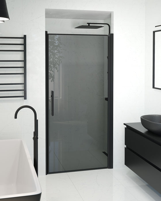 Vänern Niche Shower Door, black Profile, Dark Tinted Glass