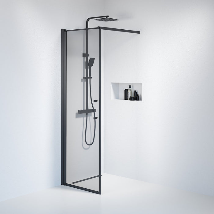 Vänern Shower Wall, black Profile, Dark Tinted Glass