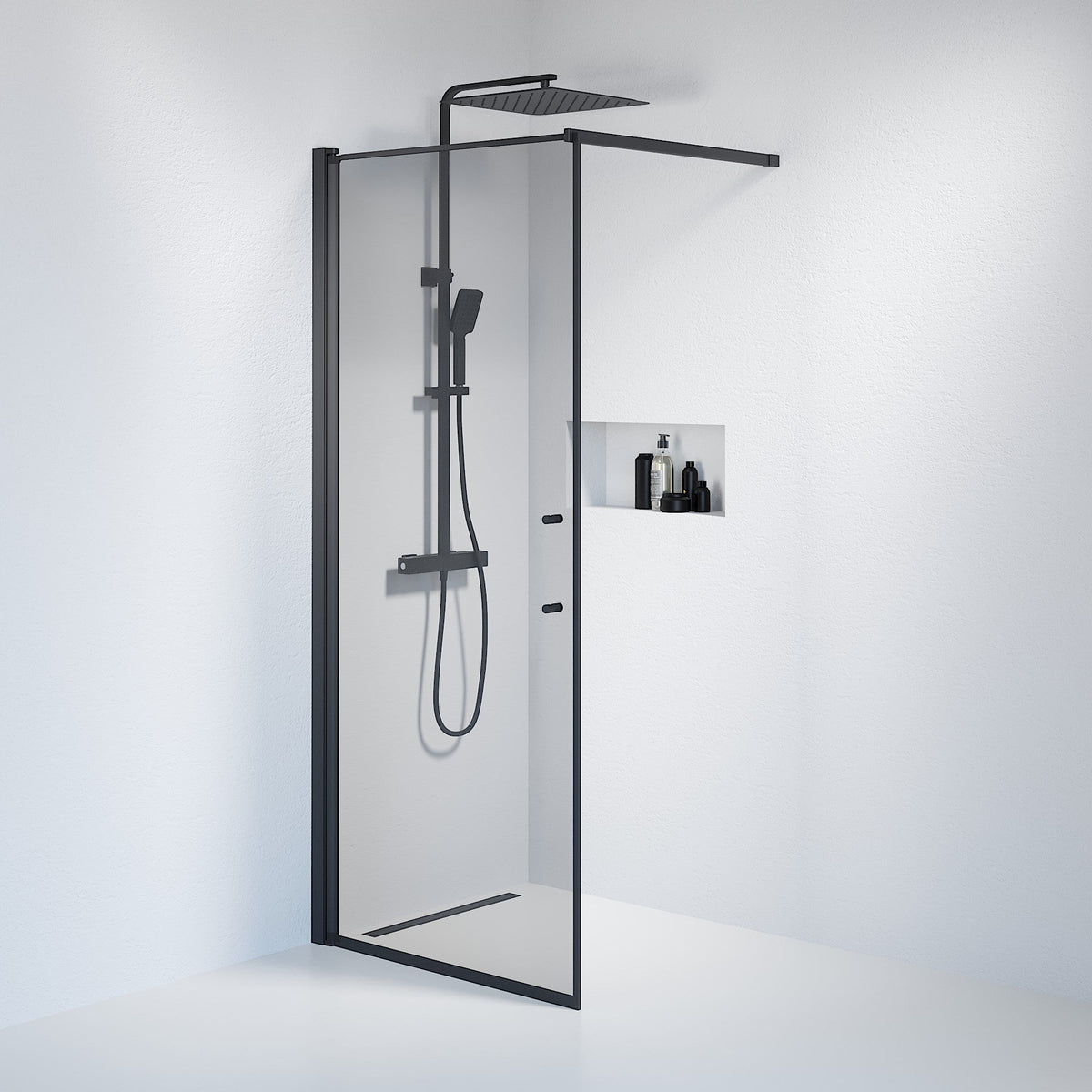 Vänern Shower Wall, black Profile, Dark Tinted Glass