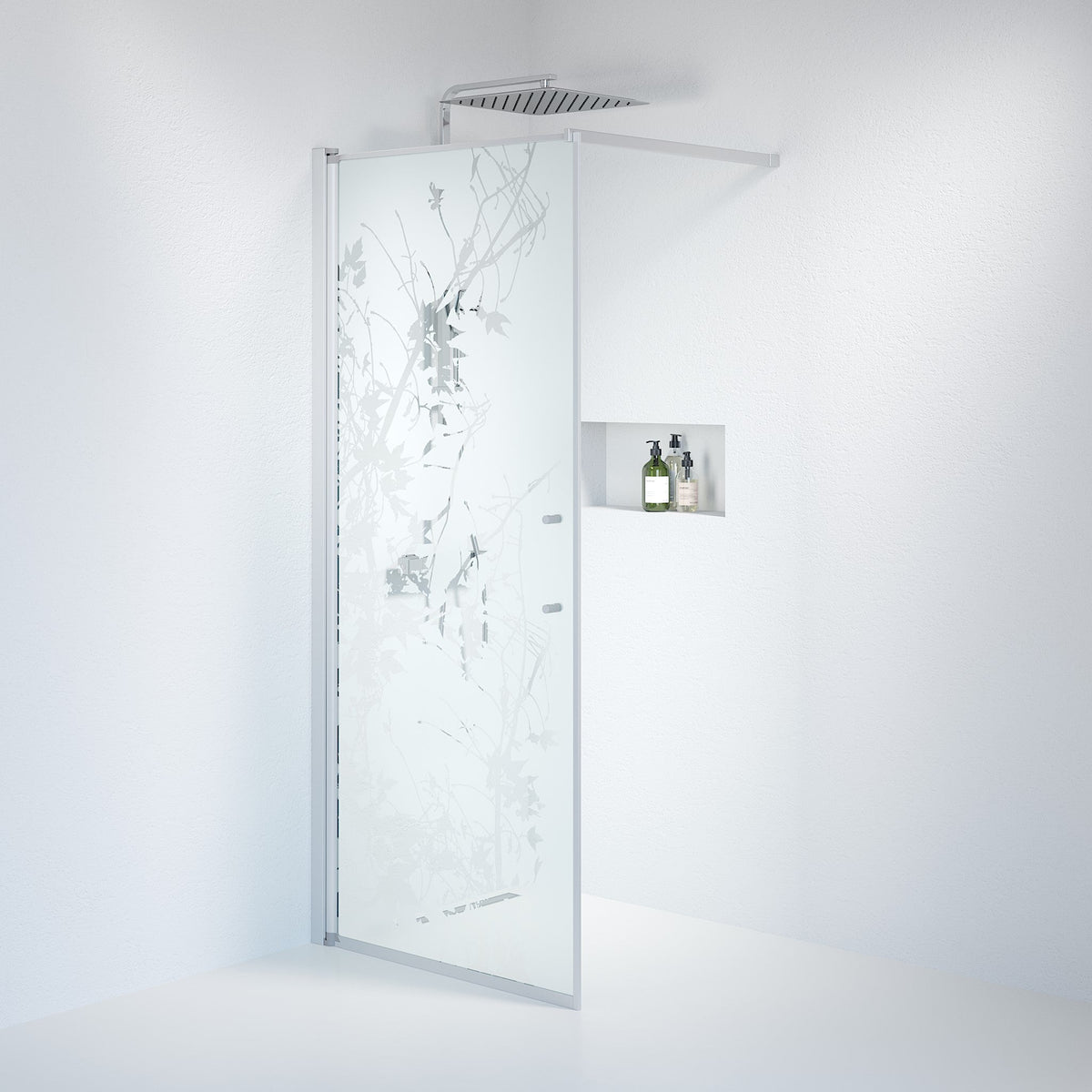 Vänern Shower Wall, Brushed Aluminium Profile, Decor Glass