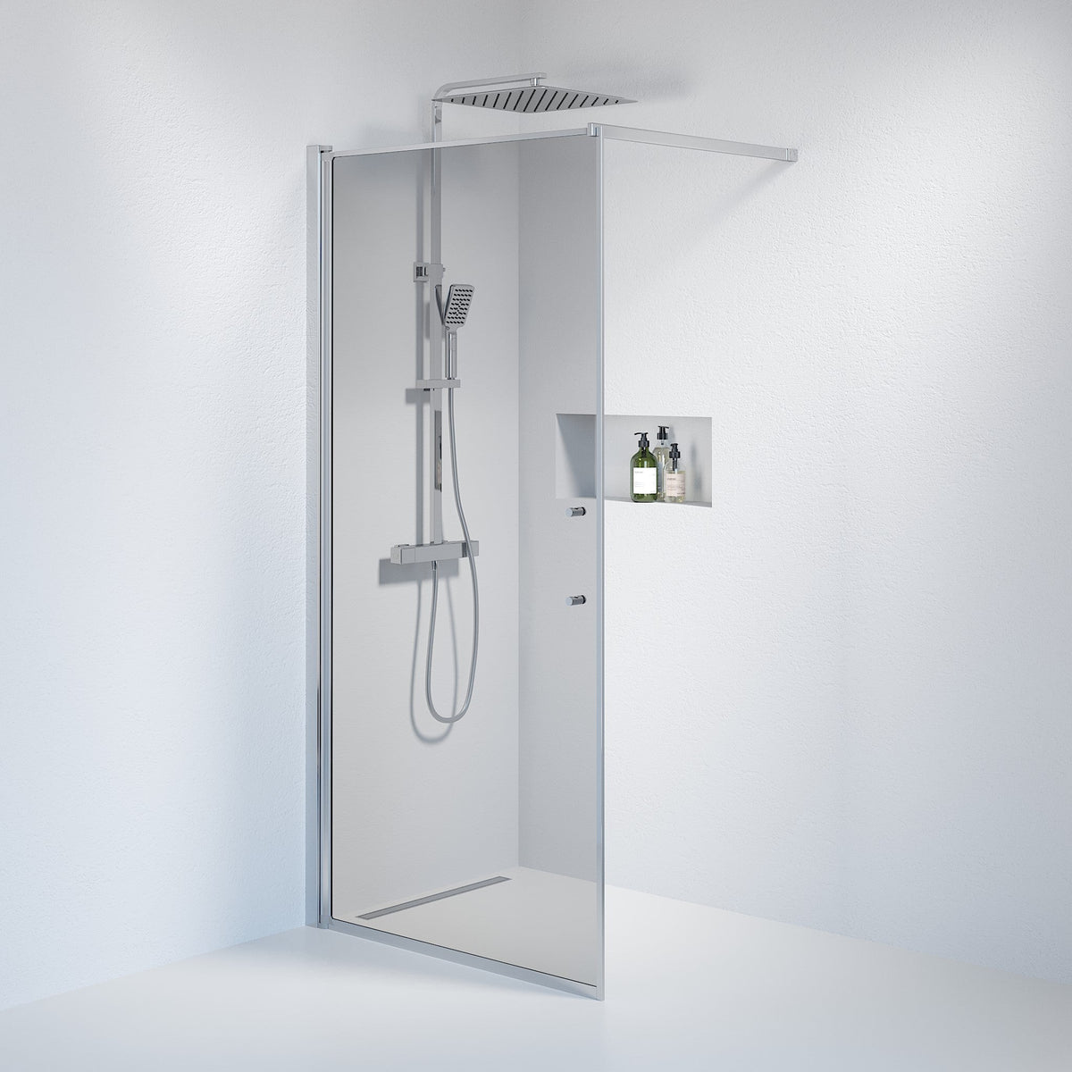 Vänern Shower Wall, Chrome Profile, Dark Tinted Glass