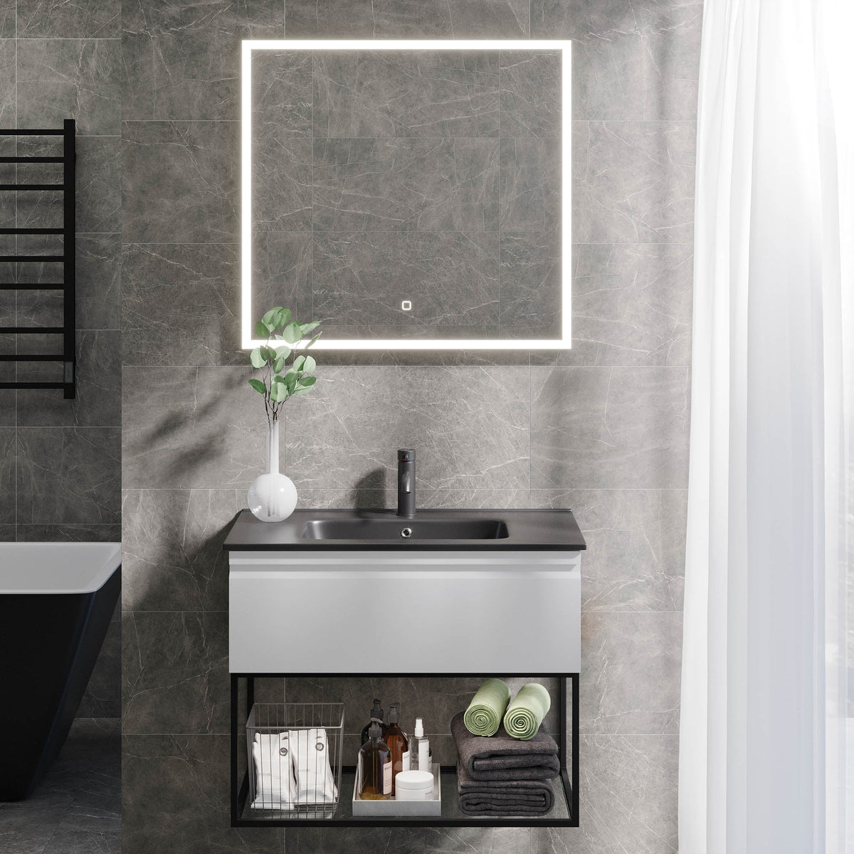 Kuberg Compact Bathroom Furniture, matt white, Lillesand Wash Basin, matt black