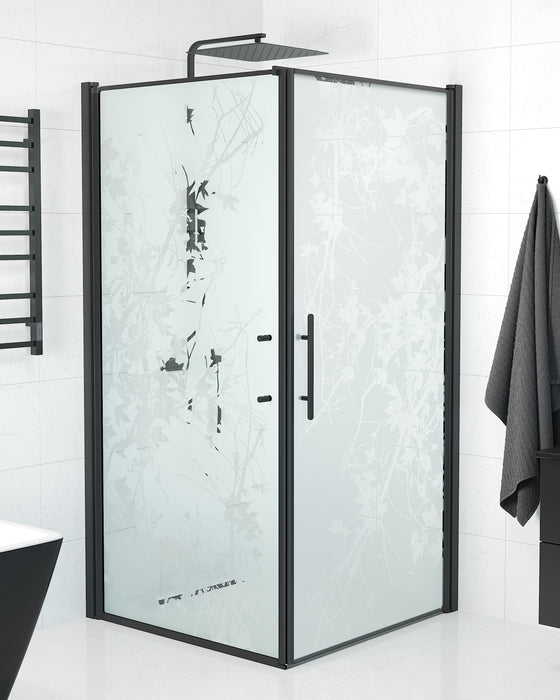 Vänern Shower Enclosure, Wall + Door, black Profile, Decor Glass