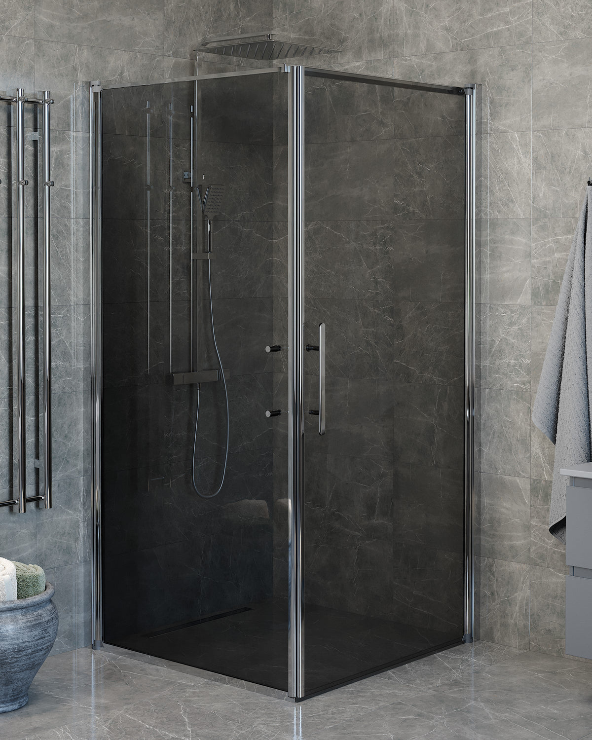 Vänern Shower Enclosure, Wall + Door, Chrome Profile, Dark Tinted Glass