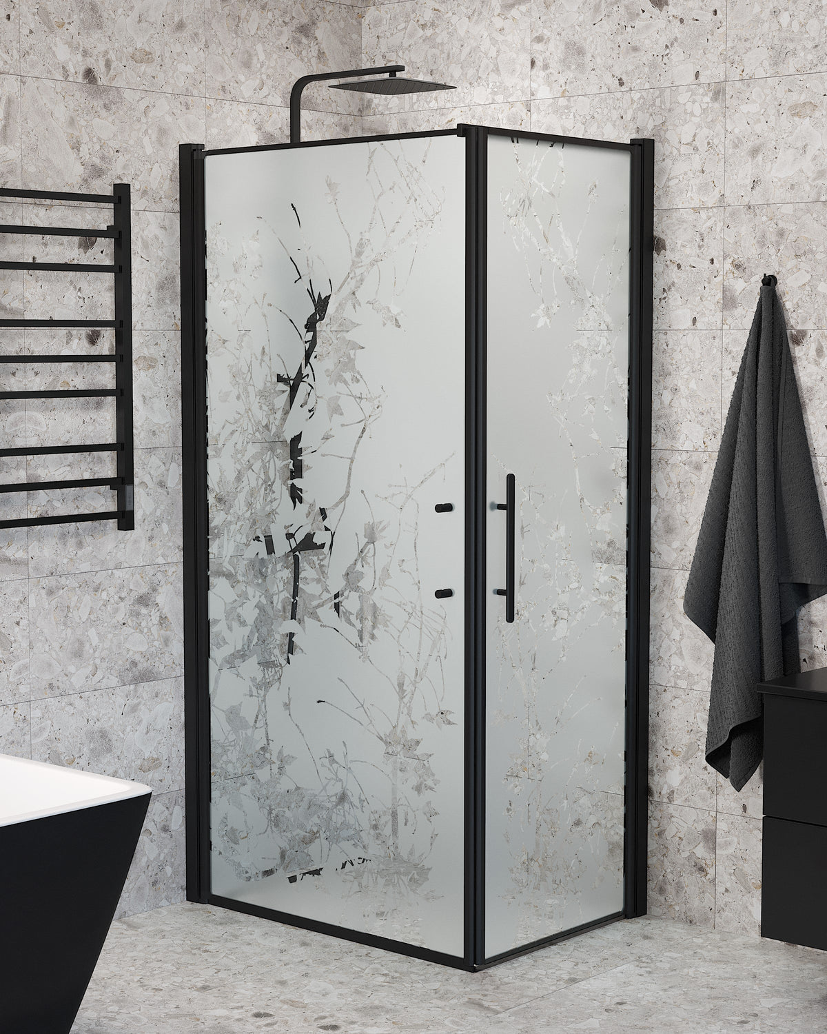 Vänern Shower Enclosure, Wall + Door, black Profile, Decor Glass