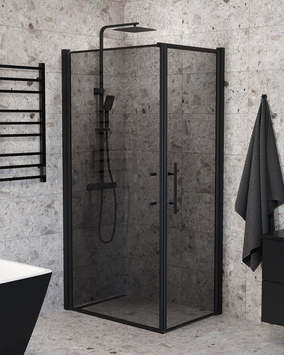 Vänern Shower Enclosure, Wall + Door, black Profile, Dark Tinted Glass