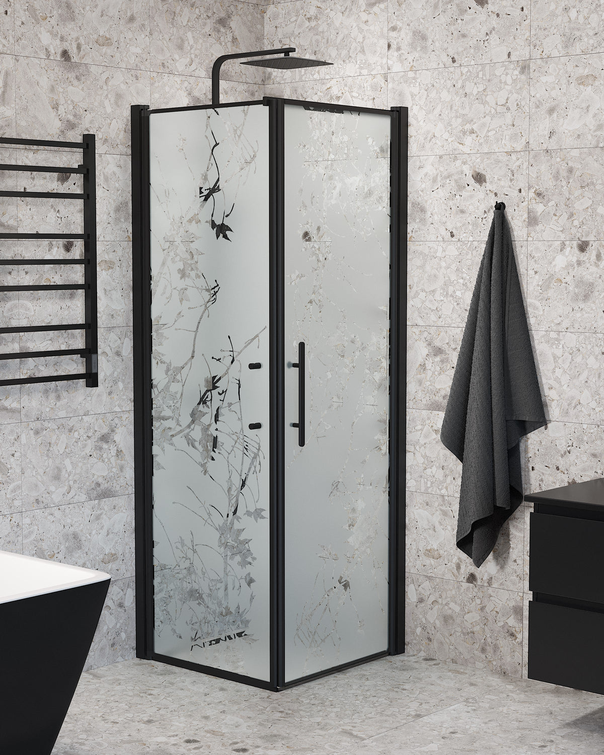 Vänern Shower Enclosure, Wall + Door, black Profile, Decor Glass