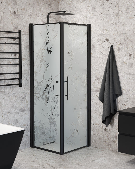 Vänern Shower Enclosure, Wall + Door, black Profile, Decor Glass