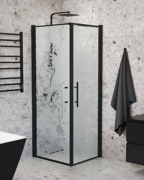 Vänern Shower Enclosure, Wall + Door, black Profile, Decor Glass