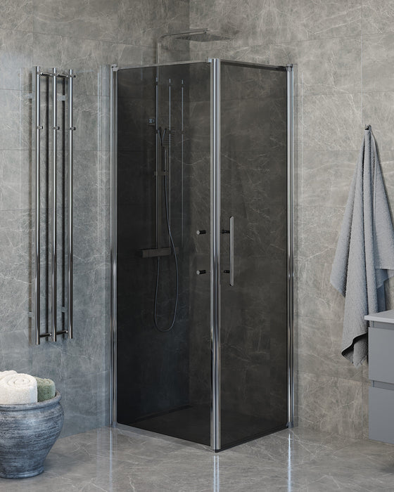 Vänern Shower Enclosure, Wall + Door, Chrome Profile, Dark Tinted Glass