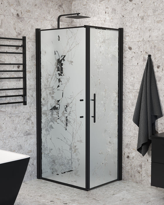 Vänern Shower Enclosure, Wall + Door, black Profile, Decor Glass