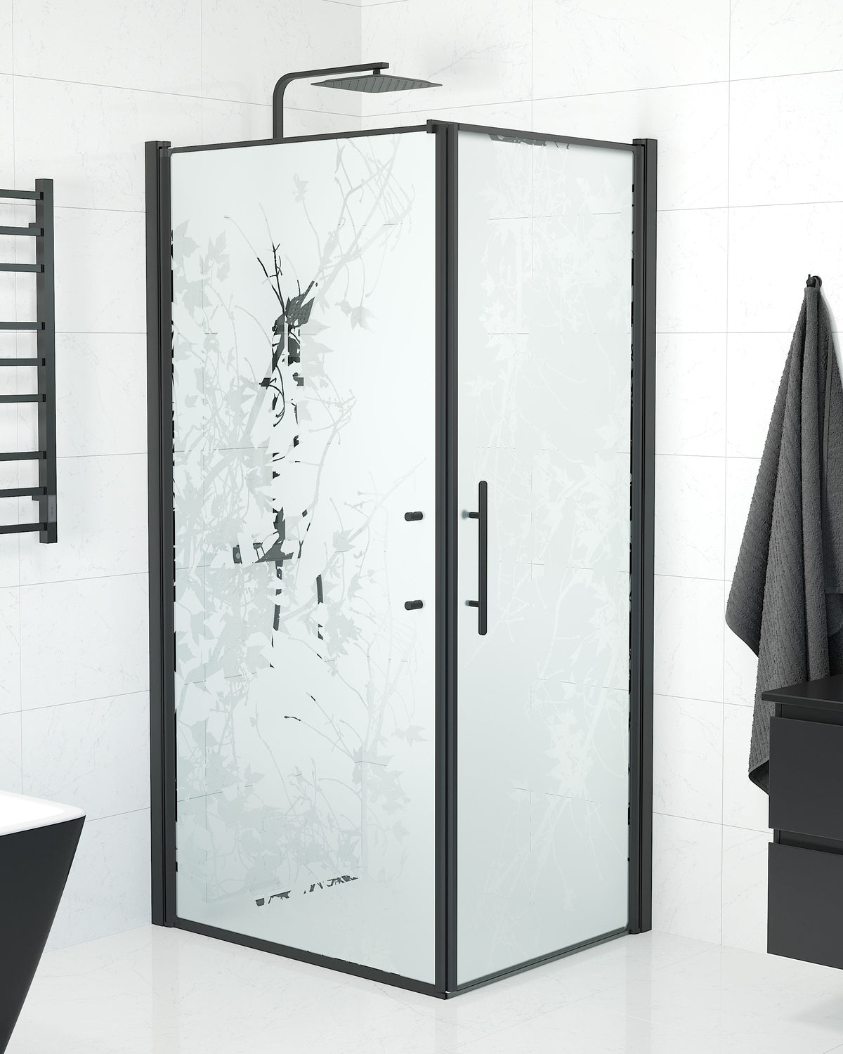 Vänern Shower Enclosure, Wall + Door, black Profile, Decor Glass