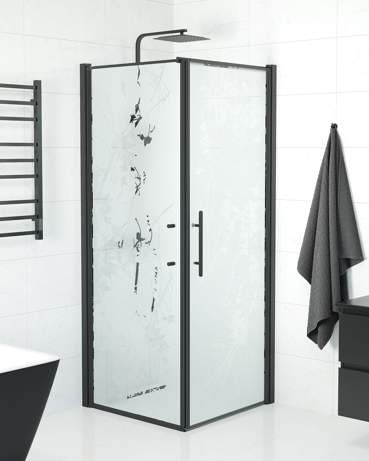 Vänern Shower Enclosure, Wall + Door, black Profile, Decor Glass