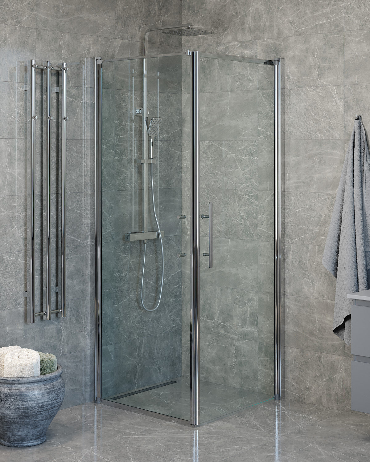 Vänern Shower Enclosure, Wall + Door, Chrome Profile, Clear Glass