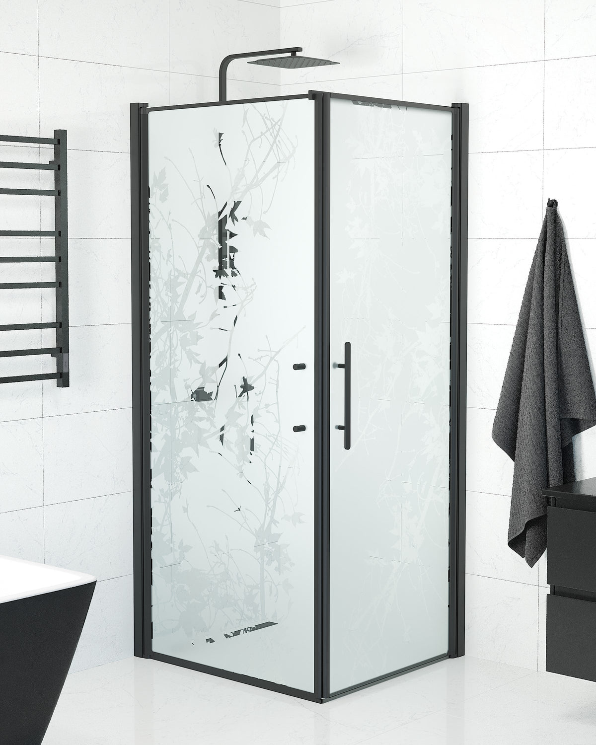 Vänern Shower Enclosure, Wall + Door, black Profile, Decor Glass