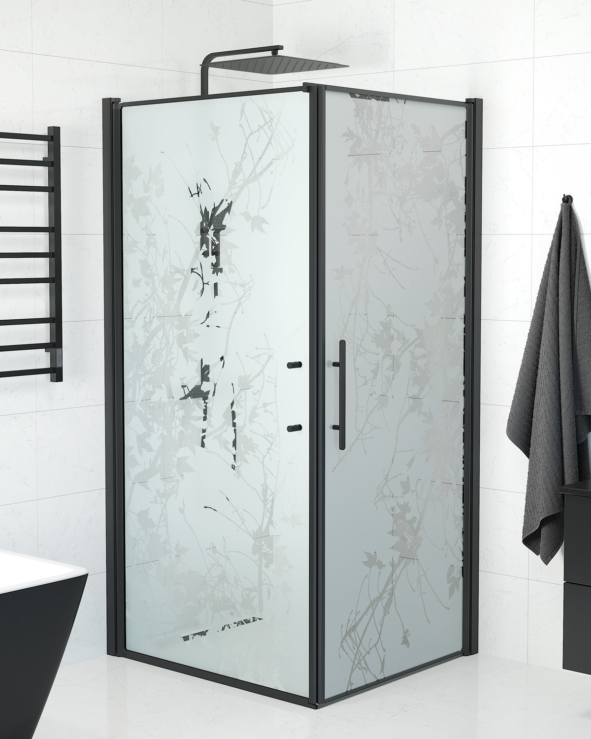 Vänern Shower Enclosure, Wall + Door, black Profile, Decor Glass