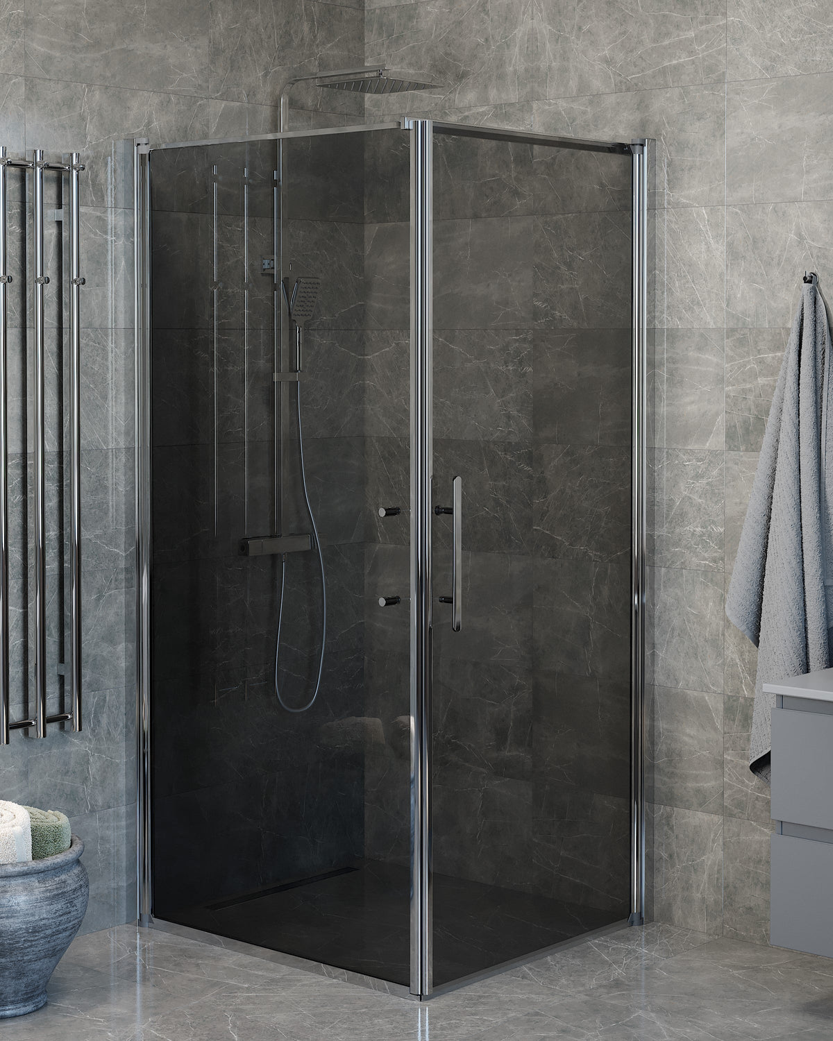 Vänern Shower Enclosure, Wall + Door, Chrome Profile, Dark Tinted Glass