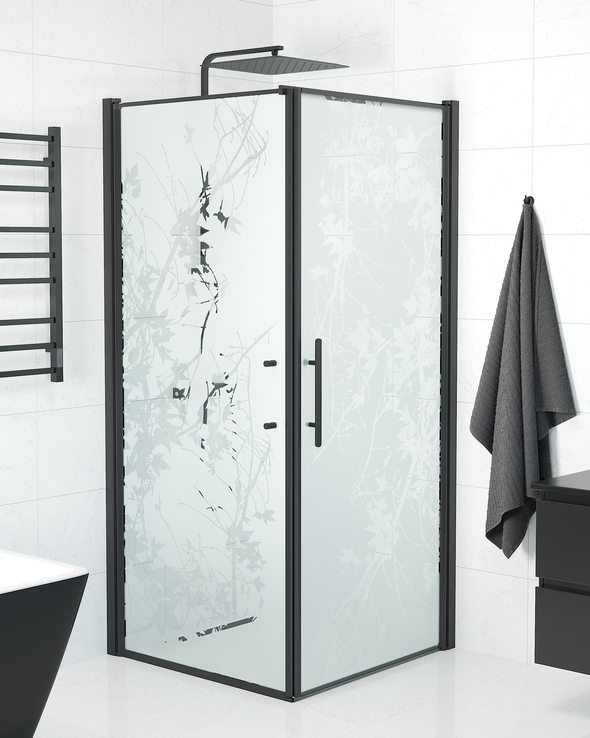 Vänern Shower Enclosure, Wall + Door, black Profile, Decor Glass